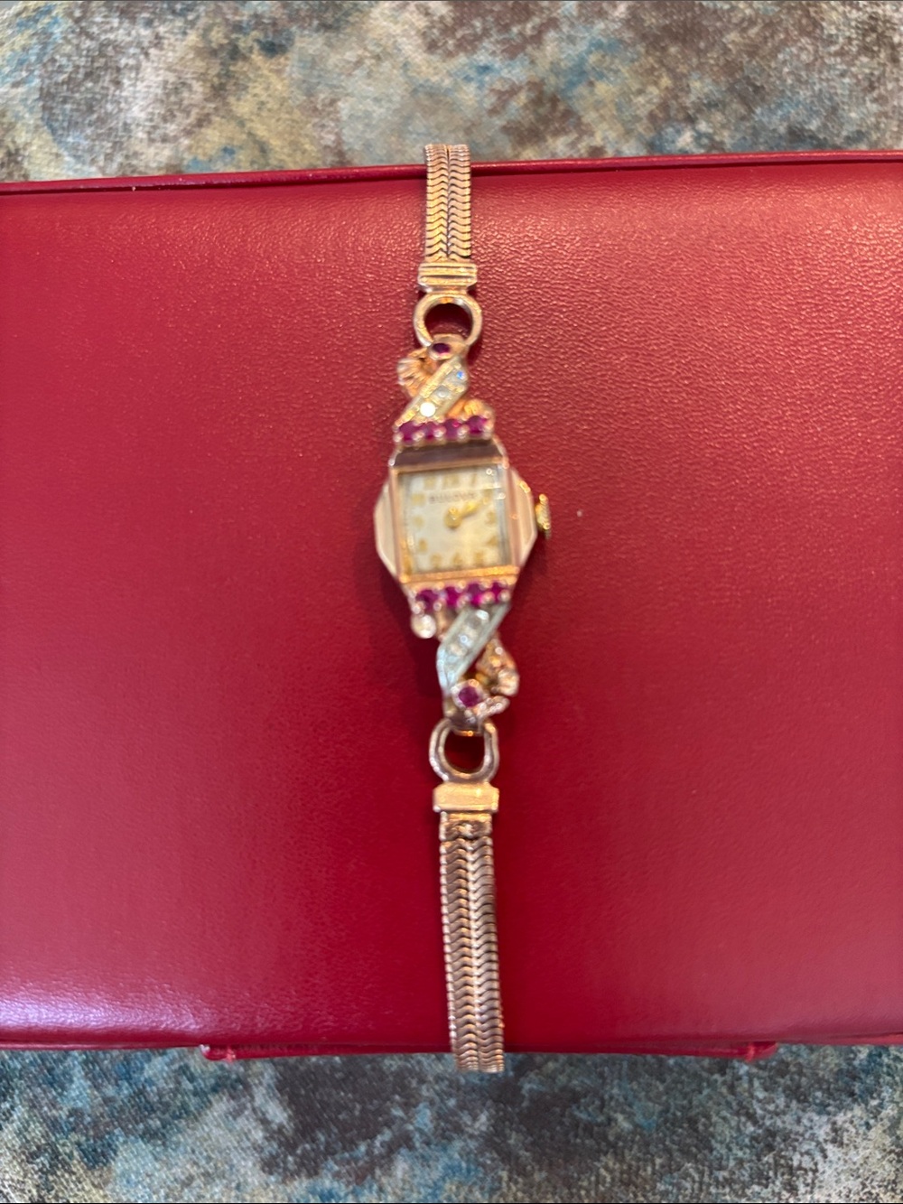 Bulova Gold-Tone Women's Bracelet Watch with Pink Stones